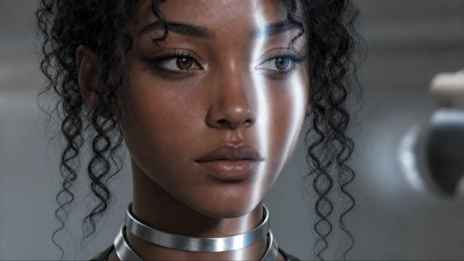 Close-up of Somnia Model O, an intimacy robot with a brushed-silver collar.