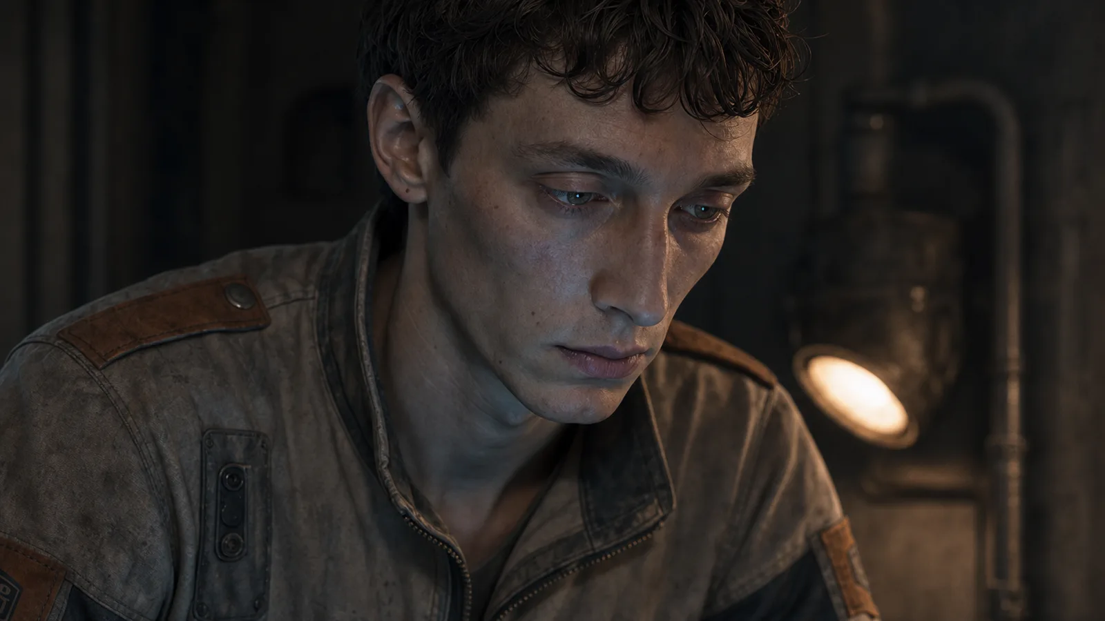 A young station mechanic in a worn, stained coverall, looking down in a dim service bay.