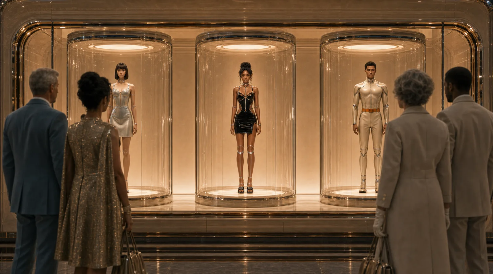 Three Somnia intimacy robots displayed in tall glass cases as well-dressed clientele look on.